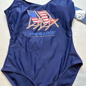 Life Is Good One Piece Swimsuit Size S Navy Blue Sea To Shining Sea NEW UPF 50+